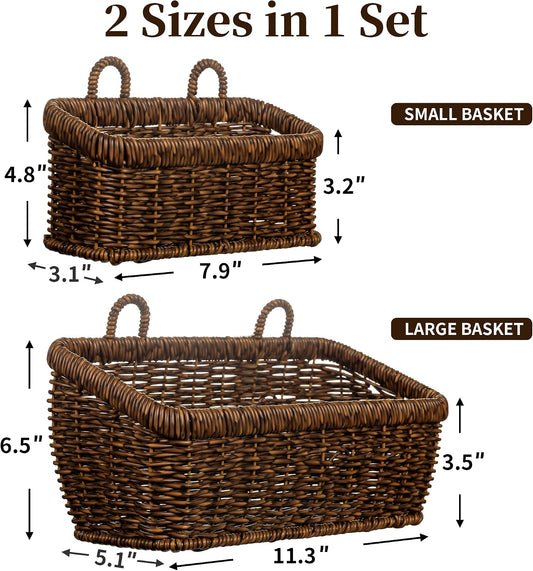 Wall Hanging Baskets, 2 Pack Woven Wicker Baskets with Hooks, Brown