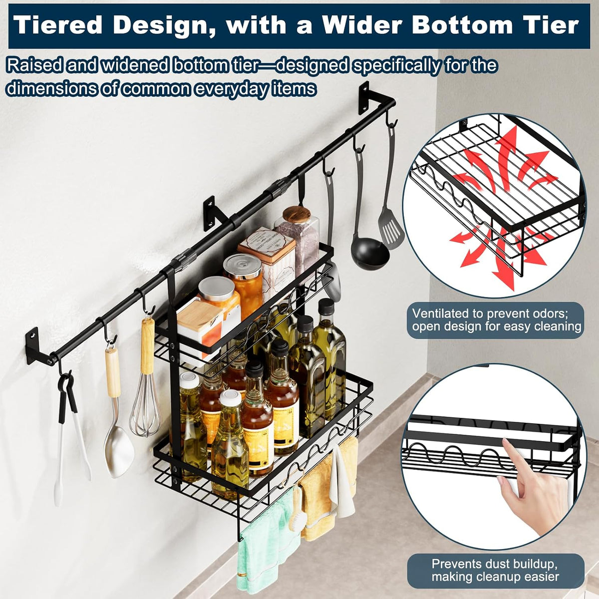 Wall-Mounted Storage Rack, Adjustable Rod Length, Two-Tier with Hooks