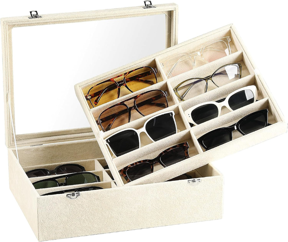 Frebeauty 16-Slot Sunglass Organizer Box,2 Layer Velvet Sunglasses Holder
