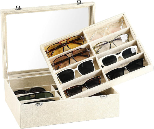 Frebeauty 16-Slot Sunglass Organizer Box,2 Layer Velvet Sunglasses Holder