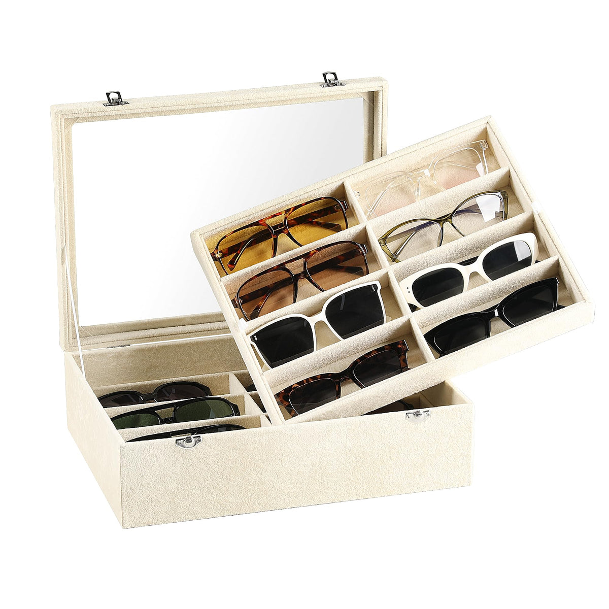 Frebeauty 16-Slot Sunglass Organizer Box,2 Layer Velvet Sunglasses Holder