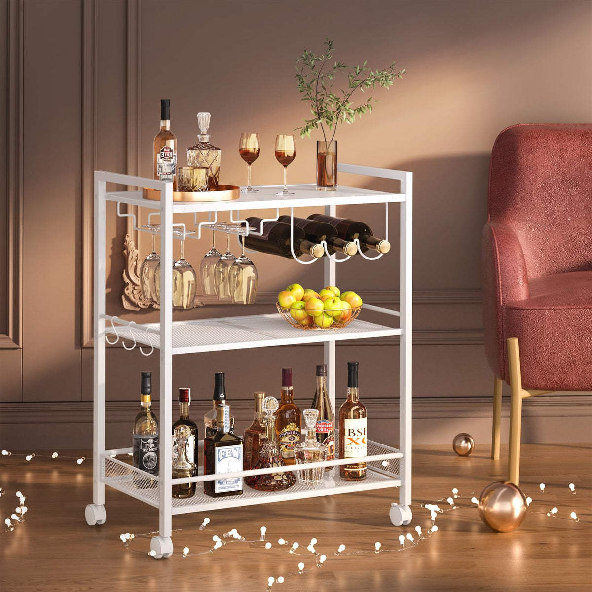 Joaxswe Bar Cart,2-Tier Home Bar Serving Cart with Lockable Wheels,White