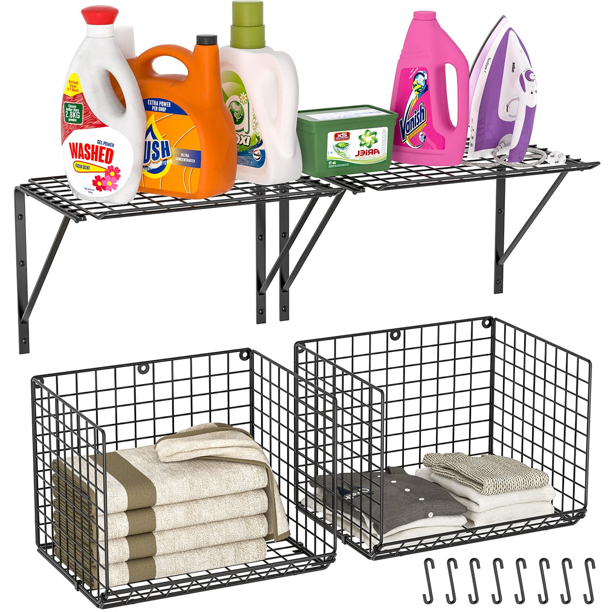 2 Pack Laundry Room Shelves Wall Mounted with Wire Baskets, Over the Washer and Dryer Shelf with Clothes Drying Rack, 8 Hooks，Wire Shelves Baskets for Laundry Closet Organization and Storage, White