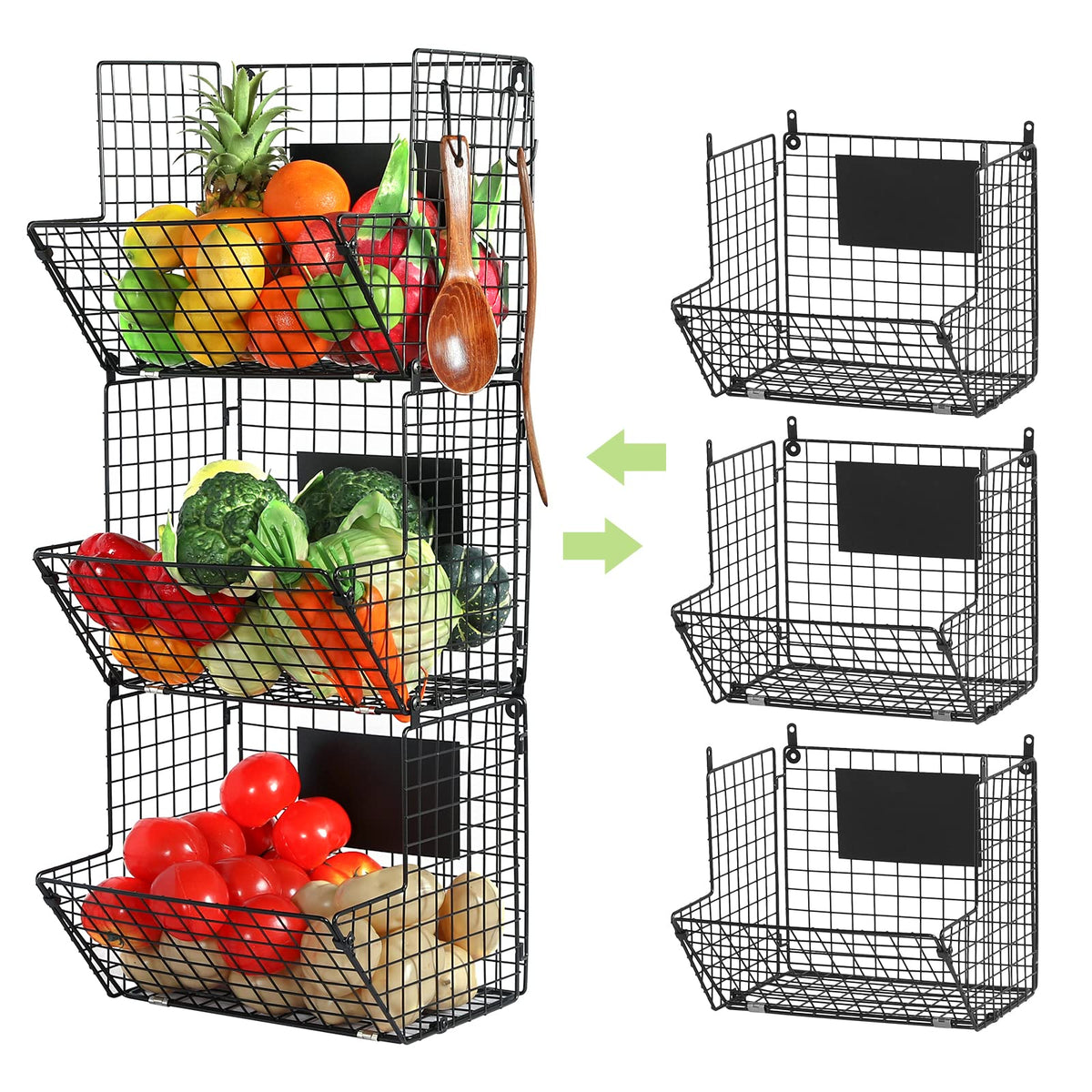 X-cosrack Metal Wire Basket Wall Mount, 4 Tier Extra Large Wall Storage Basket Organizer with Chalkboards, Kitchen Fruits and Vegetables Produce Bin Rack Toys Organizer Bathroom Tower Baskets (Black)