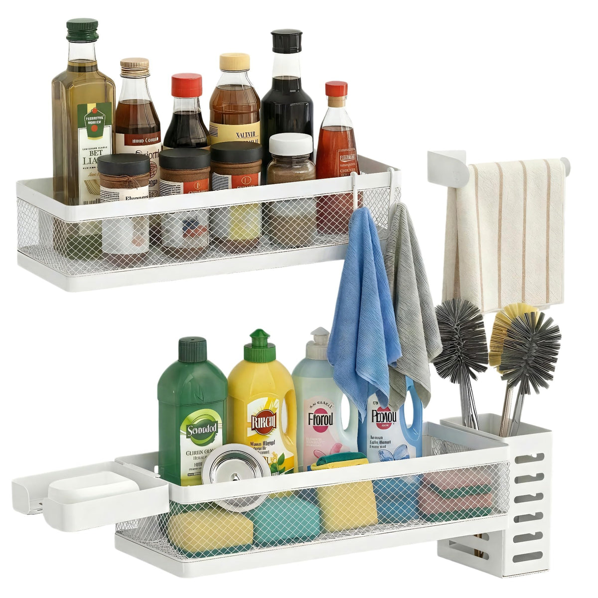 PUSDON 16.5-Inch Extra Long Slim Mesh Shower Caddy, Wall Mounted Bathroom Organizer with Adhesive, Heavy Duty Rustproof Shelf for Narrow Kitchen Pantry & RV, Holds 50 LBS 2-Pack - White Netting