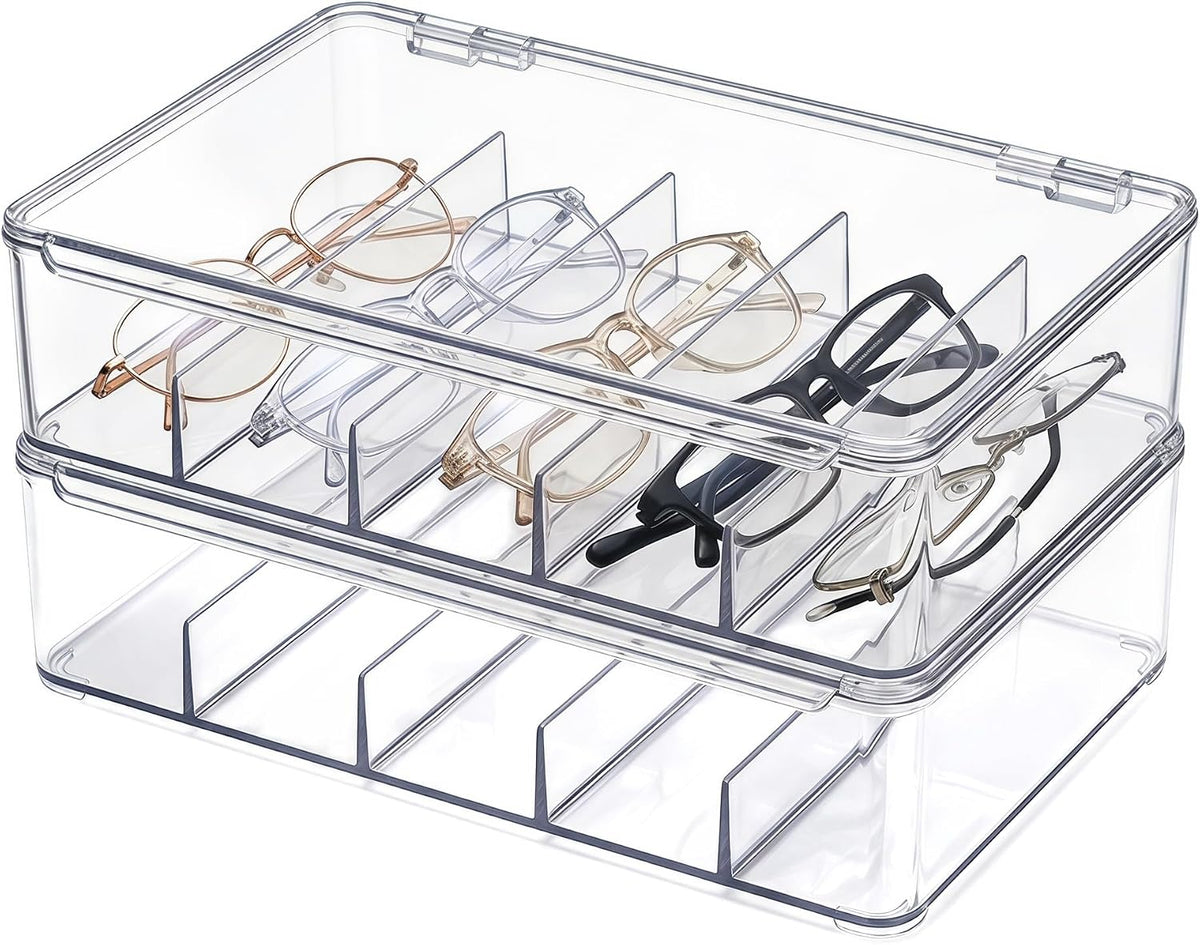 2 Pack Clear Acrylic Sunglasses Organizer, Stackable Eyeglass Storage Box with Hinged Lid, 5 Divided Compartments Each, Eyewear Display Case for Closet, Vanity, Dresser, Desk