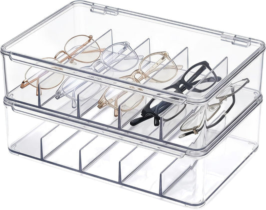2 Pack Clear Acrylic Sunglasses Organizer, Stackable Eyeglass Storage Box with Hinged Lid, 5 Divided Compartments Each, Eyewear Display Case for Closet, Vanity, Dresser, Desk