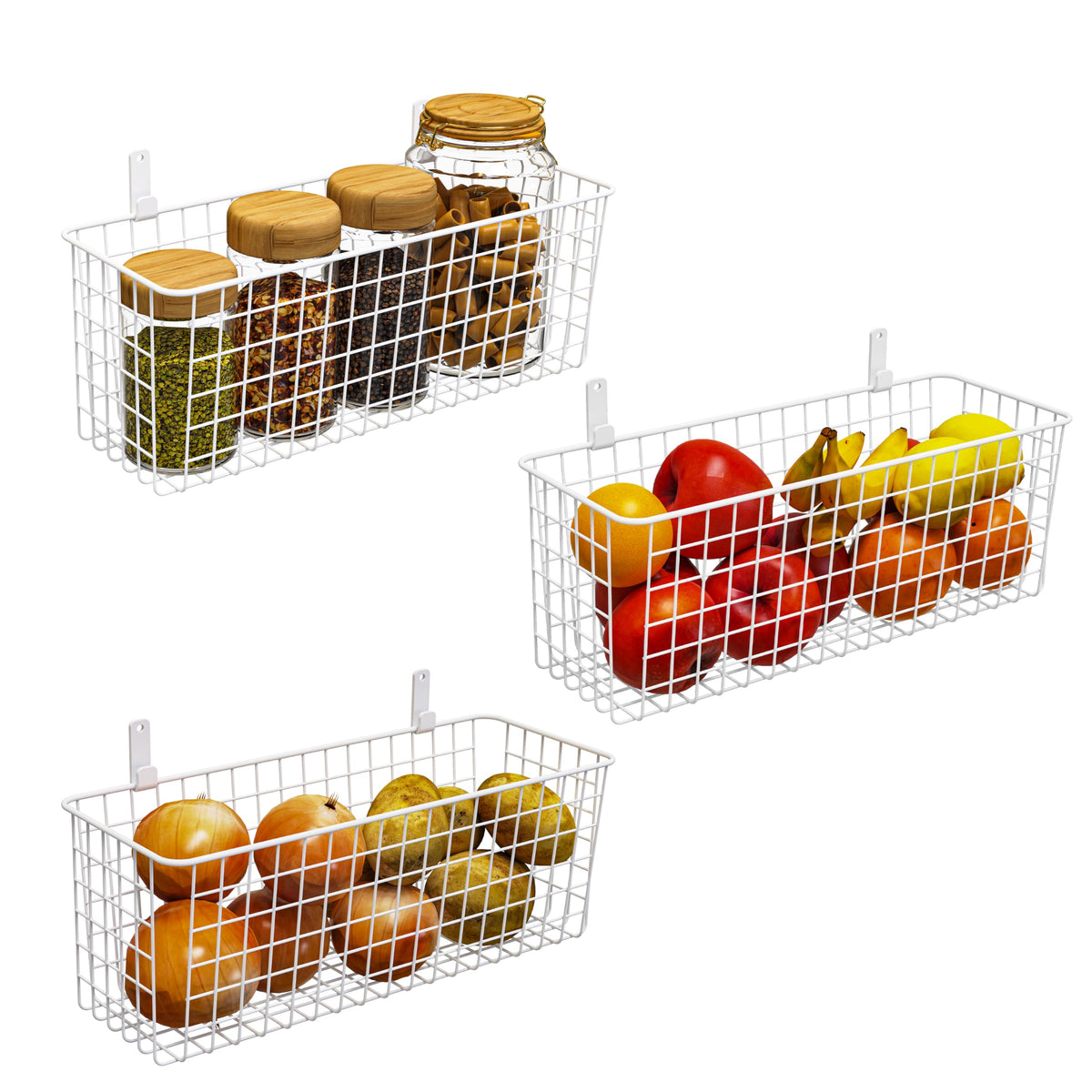 Joben Oligey 3 Set Hanging Wire Baskets ,Wall Mount Fruit Basket,No Drilling,Adhesive Small Metal Basket,Farmhouse Food Storage Mesh Bin Kitchen Pantry Laundry Bathroom Closet Garage RV ,Black