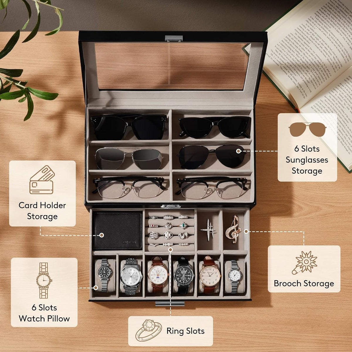 Lifewit 2 Layer Sunglasses & Watch Organizer, Glass Lid Display Case, Black