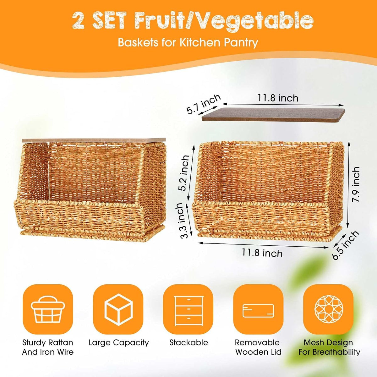 FoldTier 2 Pcs Stackable Wicker Fruit Basket with Wood Lid for Kitchen Desk