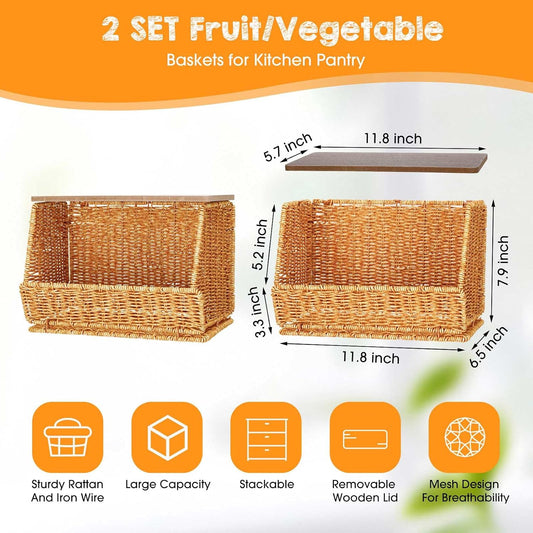 FoldTier 2 Pcs Stackable Wicker Fruit Basket with Wood Lid for Kitchen Desk