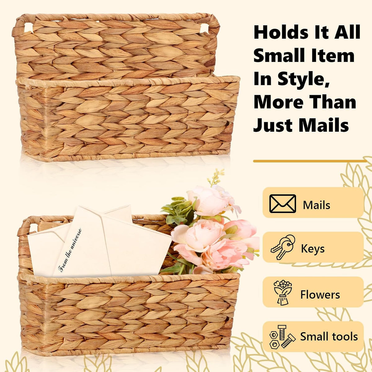 2 Pcs Woven Mail Holder Wall Mount Basket 9.25x1.57 Inch Rattan Wall Letter Holder Wicker Wall Basket Storage Water Hyacinth Hanging Storage Basket with Hooks for Mail Envelope Office