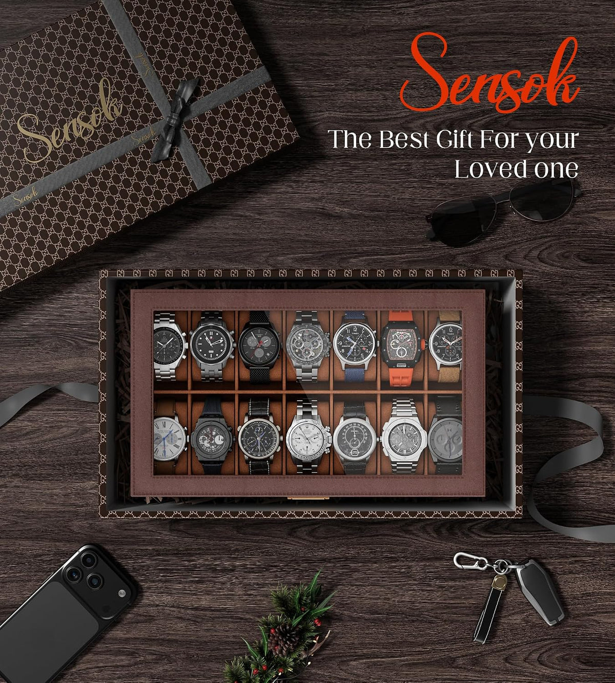 Watch Case Box for Men – 14 Slots Watch Display Organizer with 6-Compartment Eyeglasses Storage, Real Glass Lid 2-Layer PU Leather Collection Holder Gift for Loved Ones Brown