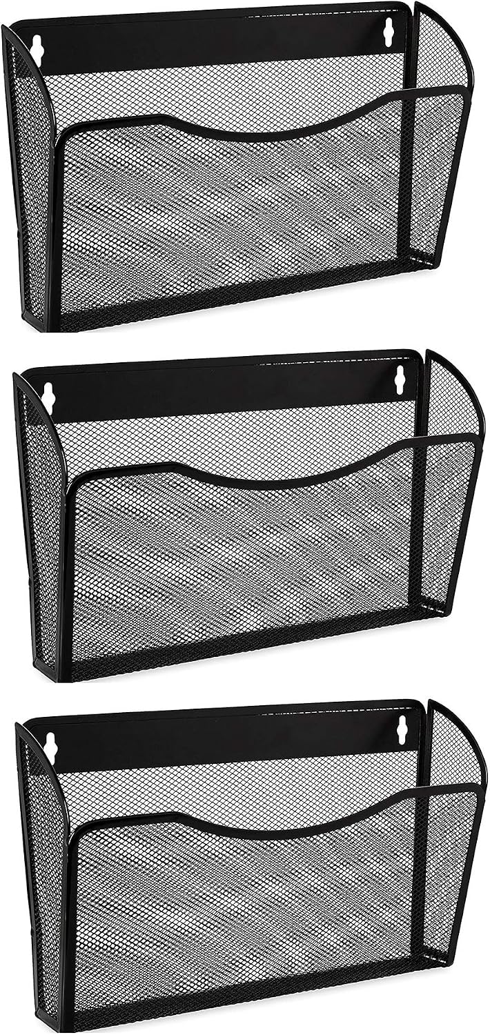 EASEPRES 3 Single Pocket Mesh Hanging File Organizer, Vertical Wall Mounted Magazine File Holder, Mount Basket Mail Paper Document Folder Organizing for Office, Home and School, Black