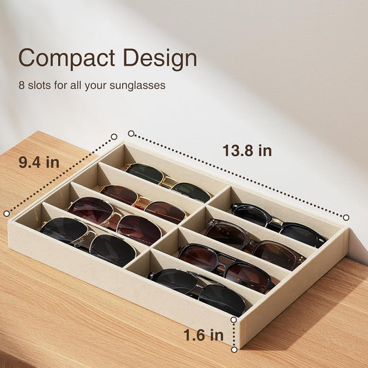 pickpiff Drawer Sunglass Organizer & Display Tray: 1 Pcs 8 Grids Velvet Scratch-Free Eyeglasses Case (13.8x9.4x1.6inch) - Soft Beige Glasses Storage Holder Box for Men & Women