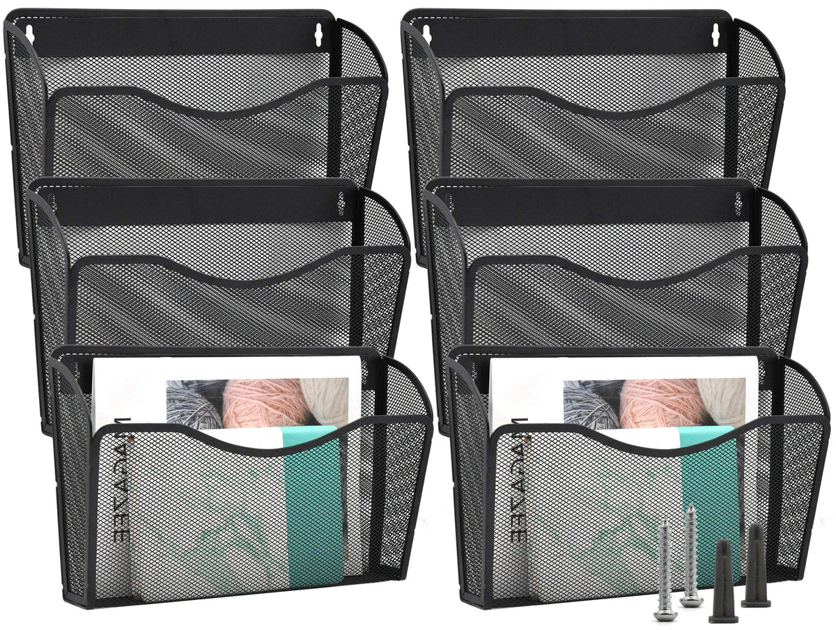 EASEPRES 3 Single Pocket Mesh Hanging File Organizer, Vertical Wall Mounted Magazine File Holder, Mount Basket Mail Paper Document Folder Organizing for Office, Home and School, Black
