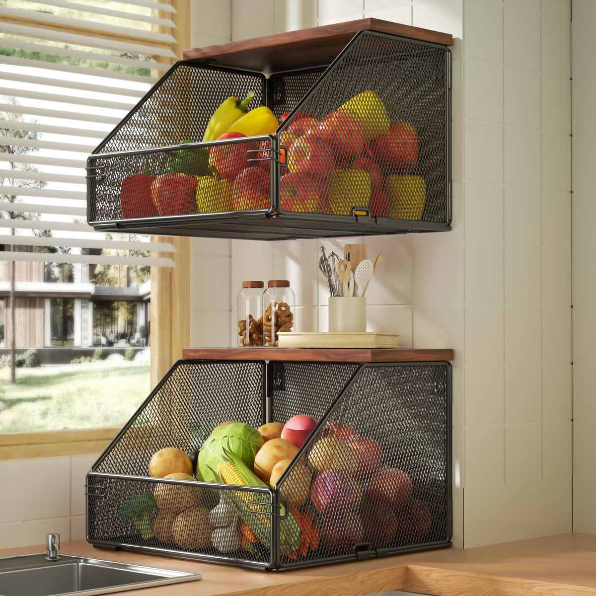 2 Tier Fruit Basket for Kitchen Counter, Stackable Onion and Potato Storage Basket, Wall Mounted Wire Basket with Wood Lid, Hanging Kitchen Storage Vegetable Organizer, 11.8 x 7.1 x 8.6 Inch