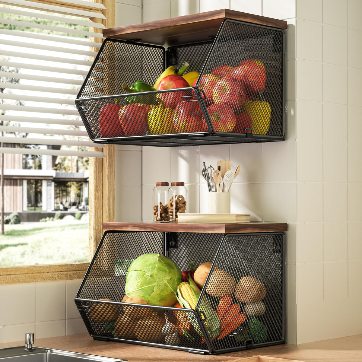 2 Tier Fruit Basket for Kitchen Counter, Stackable Onion and Potato Storage Basket, Wall Mounted Wire Basket with Wood Lid, Hanging Kitchen Storage Vegetable Organizer, 11.8 x 7.1 x 8.6 Inch