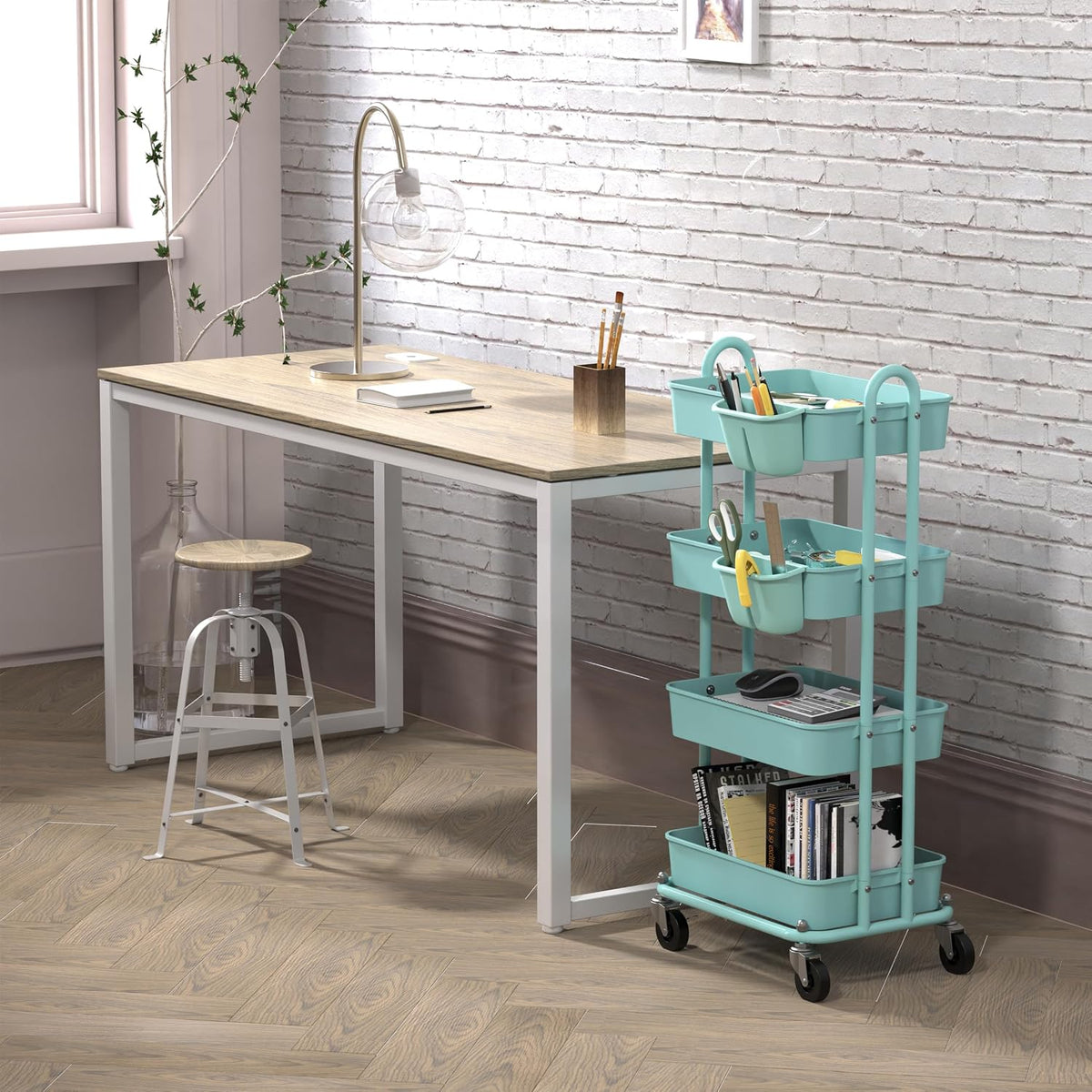 Simple Houseware 4-Tier Rolling Utility Cart with Hanging Bucket, Turquoise