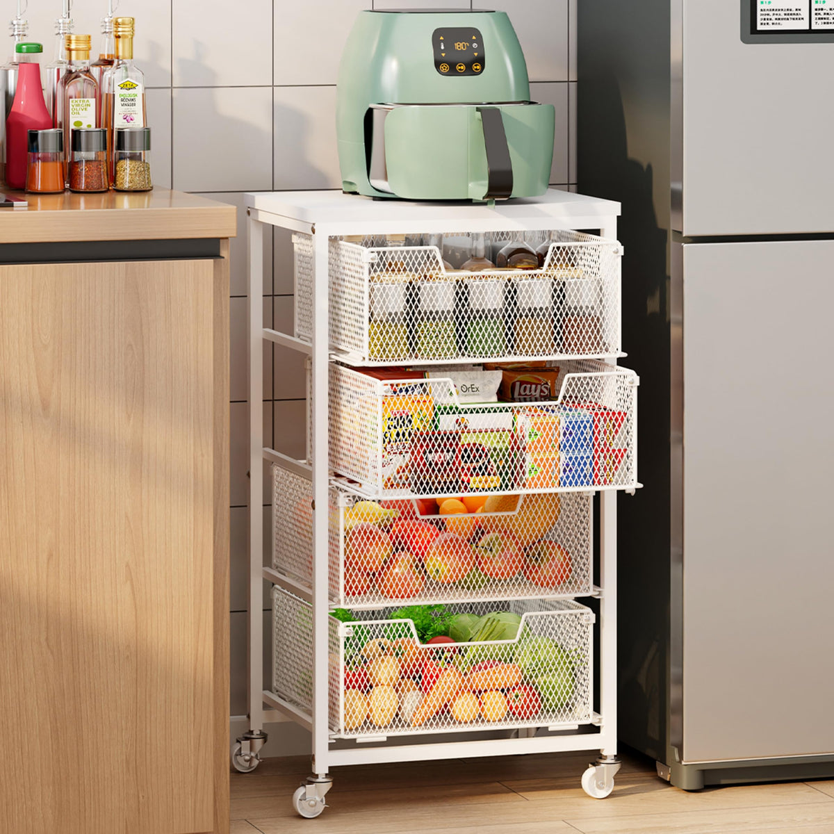 4-Tier Fruit Vegetable Storage Cart - Kitchen Organizer and Storage Cart with Wheels, Wooden Top Metal Wire Fruit Vegetable Rack Stand with Drawers to Storage Cans Snacks for Kitchen(Patent Pending)