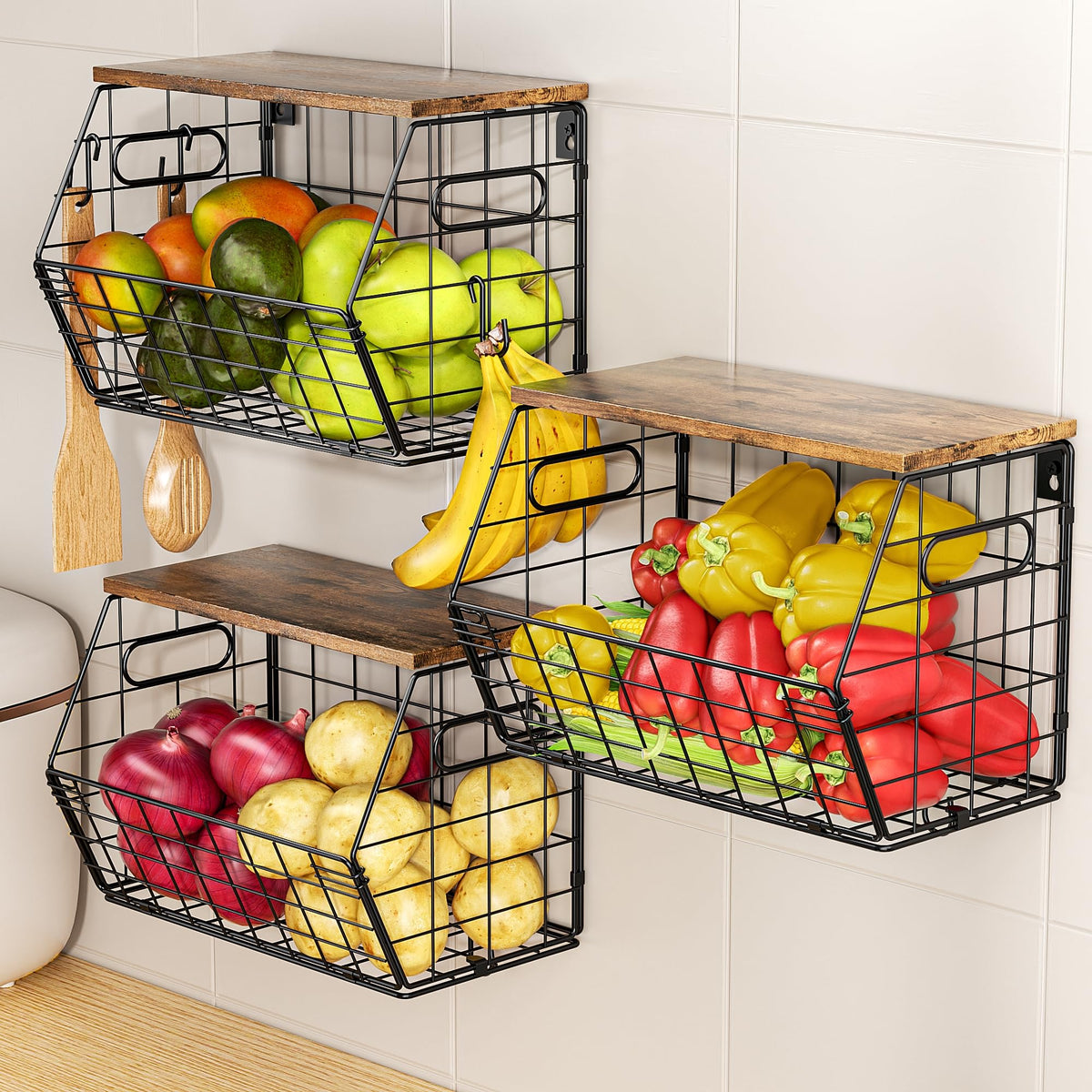 Delamu Stackable Metal Fruit Basket with Wood Lid 2 Pack, Hanging Wall Organizer for Kitchen Counter, Pantry Storage for Onions, Potatoes, Garlic, Fruits, Spices, Black