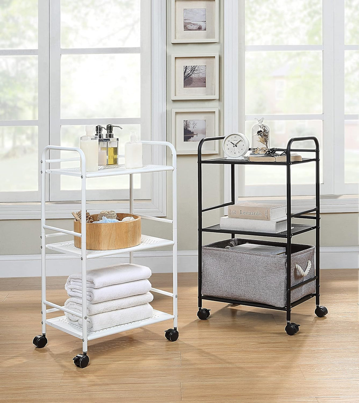 SunnyPoint 3-Tier Rolling Utility Cart – Metal Storage Organizer with Wheels, Mobile Kitchen Cart, Office & Home Organizer, Black, 12" D x 16.92" W x 31.1" H