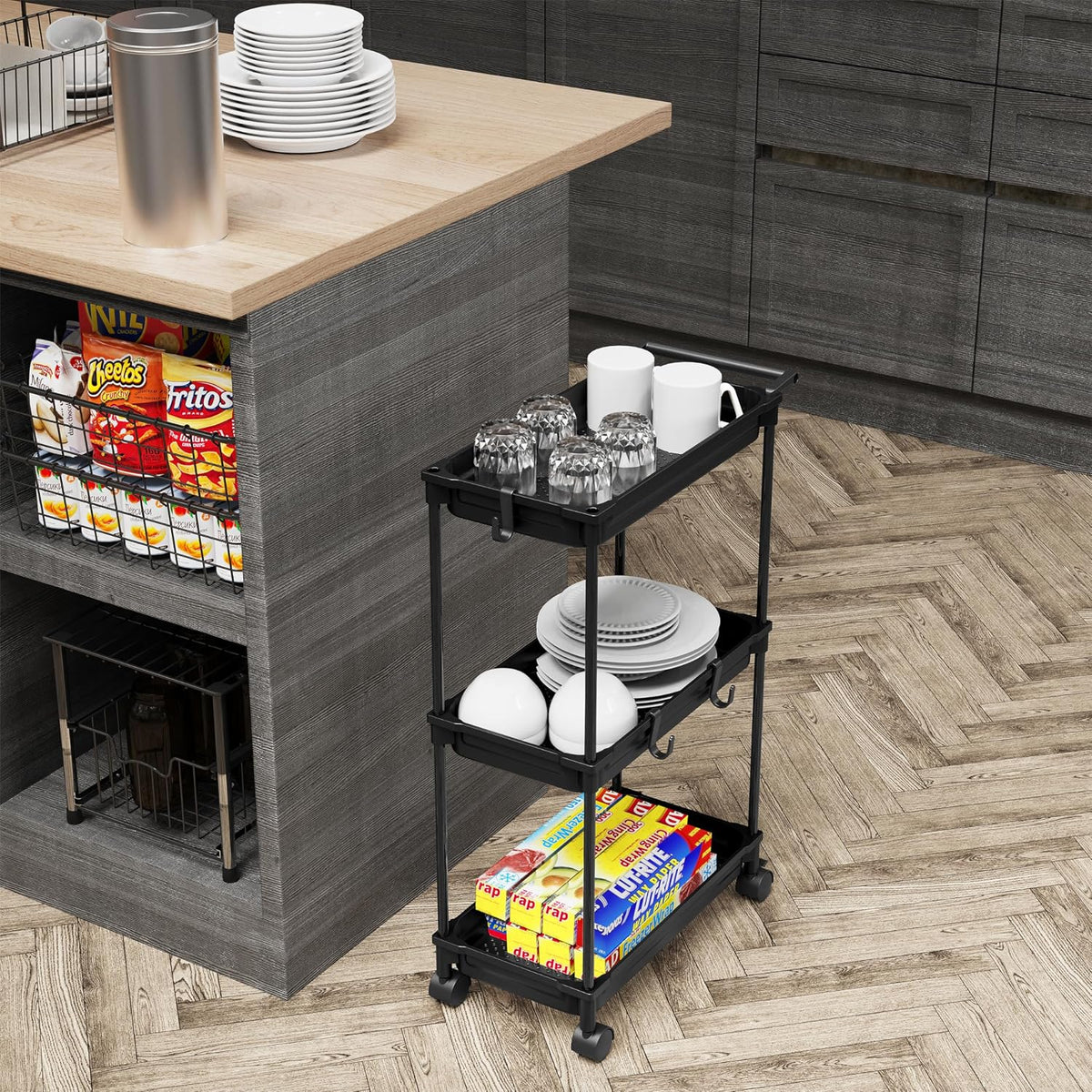 SimpleHouseware Standard 3-Tier Slim Rolling Storage Cart, Black